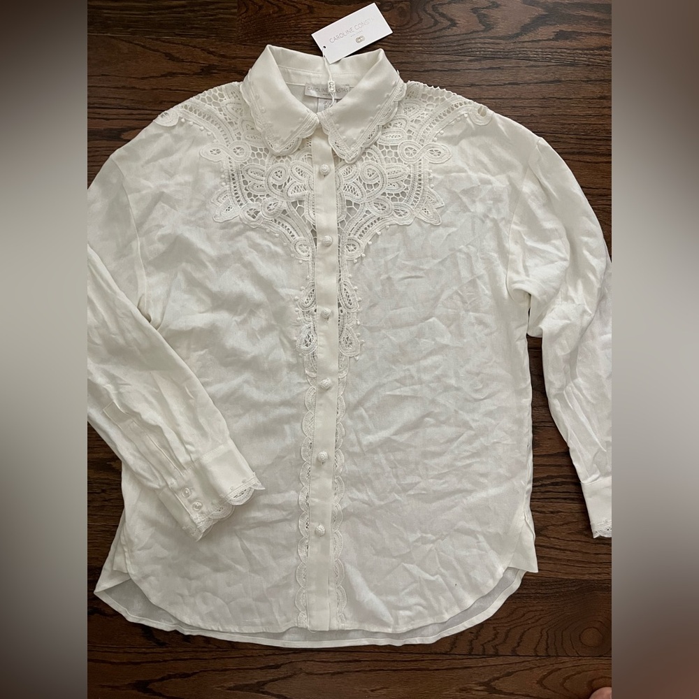 NWT Caroline Constas Ivory Battenburg Lace Button-Up. Size Large - Picture 2 of 7